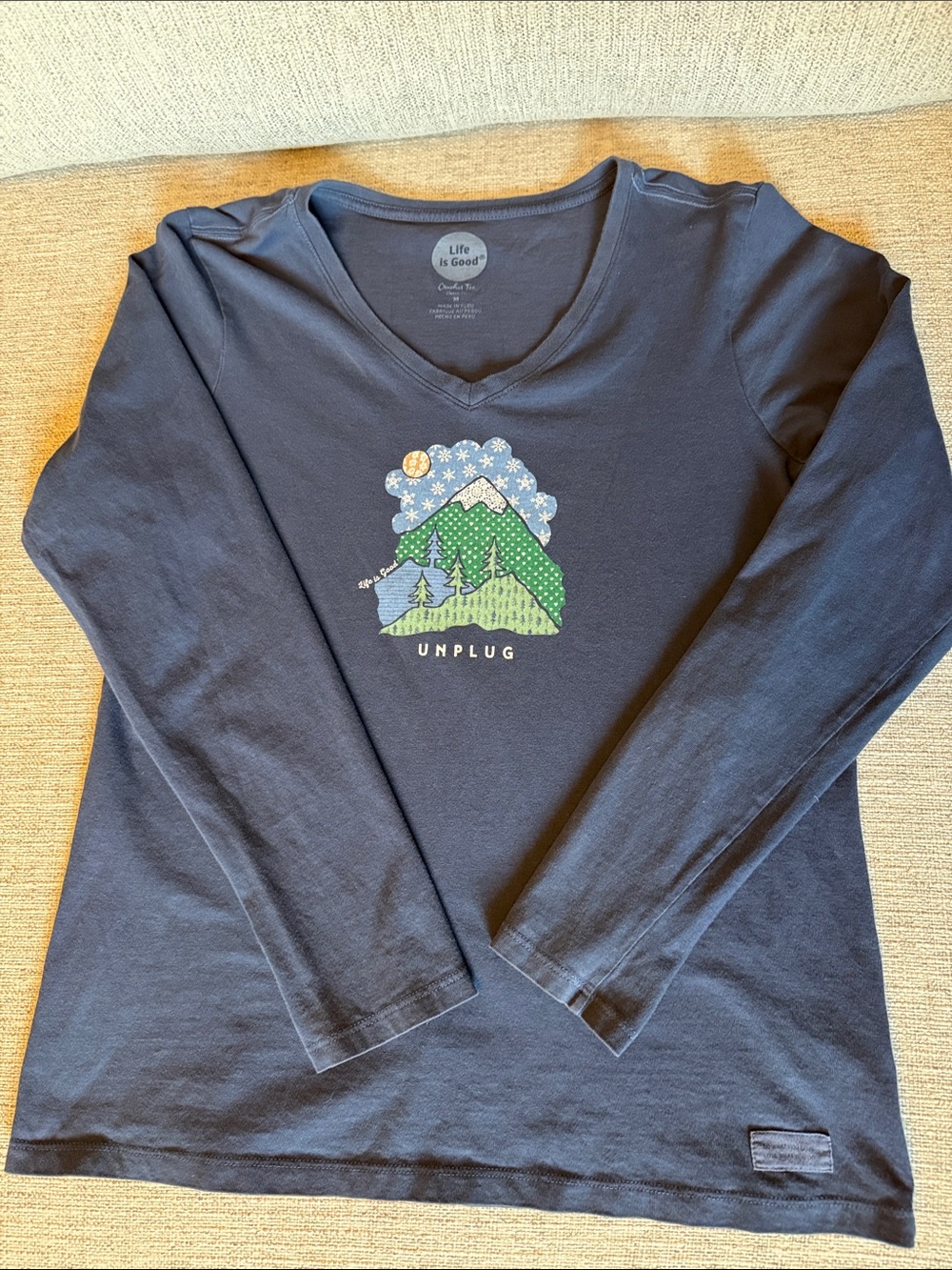 Life Is Good navy long-sleeve V-neck tee with green mountain graphic